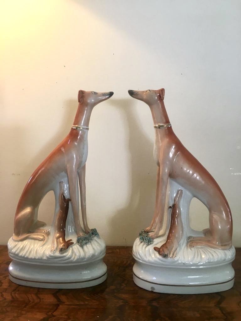 Fine Pair of Antique Staffordshire Greyhounds